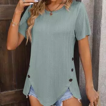 Летняя женская футболка из пшеничного жаккардового топа с круглым вырезом и коротким рукавом на пуговицах XXL белый