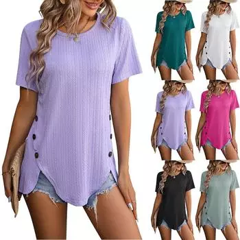 Летняя женская футболка из пшеничного жаккардового топа с круглым вырезом и коротким рукавом на пуговицах XXL белый