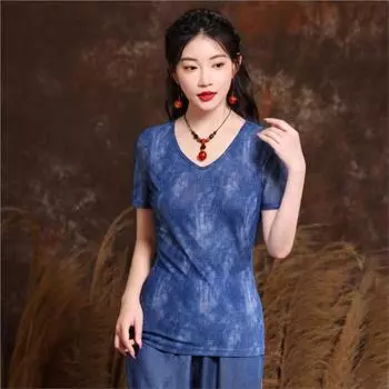 Летняя женская футболка Johnature с короткими рукавами и нишевым дизайном, модная повседневная винтажная футболка с v-образным вырезом и абстракцией