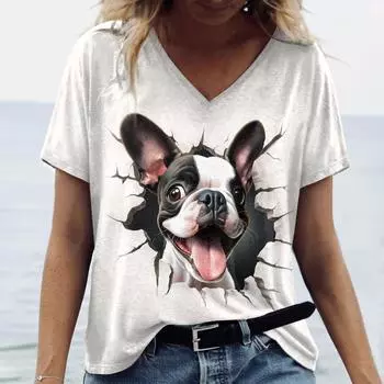 Летняя женская футболка Kawaii 3D Animals Printed Tops V-Neck Top Tees Casual Short Sleeve Pullover T Shirts Women s Oversize Pullover S