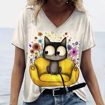 Летняя женская футболка Kawaii 3d Cat Print с v-образным вырезом, повседневные пуловеры с короткими рукавами, футболки Y2k, женская одежда больших размеров S