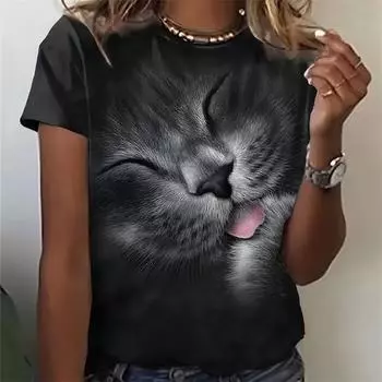 Летняя женская футболка Kawaii с 3D принтом кошки, женский модный топ с коротким рукавом S