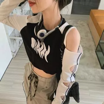 Летняя женская футболка контрастного цвета с открытыми плечами в Европе и Америке Y2K, дизайн Spicy Girl и уличный топ с полым длинным рукавом S белый