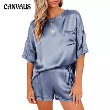 Летняя женская футболка, костюм, пижама, однотонная шифоновая одежда для сна, футболка с коротким рукавом, брюки, свободная повседневная ночная рубашка, костюм из двух предметов XS зелёный