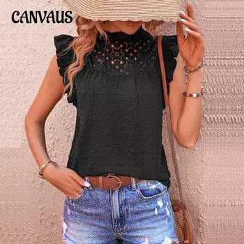 Летняя женская футболка, кружевная лоскутная рубашка, женский пуловер с рукавами-крылышками, жаккардовый топ S чёрный