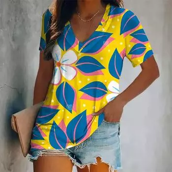 Летняя женская футболка, модная цветочная печать, топы с V-образным вырезом, футболки, женская винтажная одежда с коротким рукавом, женская повседневная одежда в стиле кэжуал S