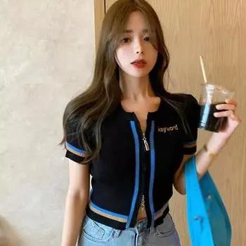 Летняя женская футболка модная с круглым вырезом на молнии, сексуальные повседневные трикотажные топы с открытыми пупками и короткими рукавами