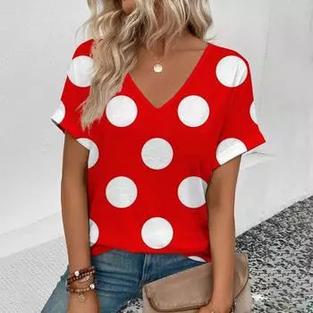 Летняя женская футболка, модная, с принтом в горошек, с V-образным вырезом, футболки, женская повседневная одежда с коротким рукавом, винтажный наряд для активного отдыха S