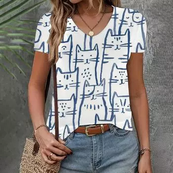 Летняя женская футболка, модная, с V-образным вырезом, коротким рукавом, с рисунком кошки, элегантная одежда, свободная повседневная футболка, топ для свиданий, женская одежда XS