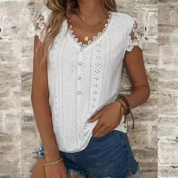 Летняя женская футболка, модная свободная однотонная кружевная футболка с v-образным вырезом и короткими рукавами, топы S белый