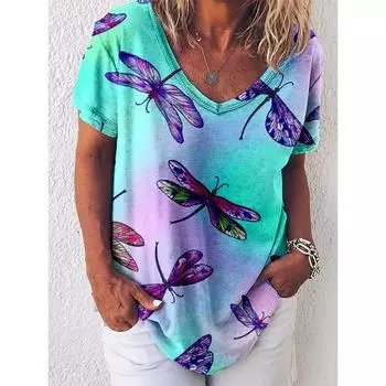 Летняя женская футболка, модная женская одежда с коротким рукавом, топ, милая футболка с v-образным вырезом и принтом животных для женщин, модный повседневный топ 5xl S