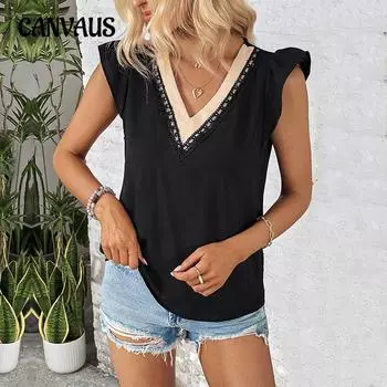 Летняя женская футболка, модные темпераментные элегантные топы без рукавов с v-образным вырезом и цветными блоками S чёрный