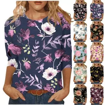 Летняя женская футболка, модные топы с цветочным принтом, футболки, женская одежда, повседневный женский топ с круглым вырезом, свободные пуловеры с длинным рукавом XXS