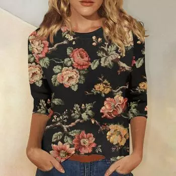 Летняя женская футболка, модные топы с цветочным принтом, футболки, женская одежда, повседневный женский топ, свободный топ с круглым вырезом S