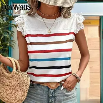 Летняя женская футболка, модный повседневный топ в полоску S белый