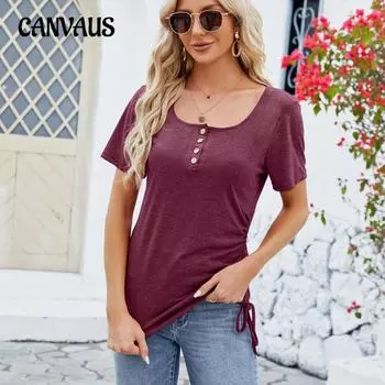 Летняя женская футболка на пуговицах с U-образным вырезом, свободный топ с короткими рукавами и шнурком S чёрный