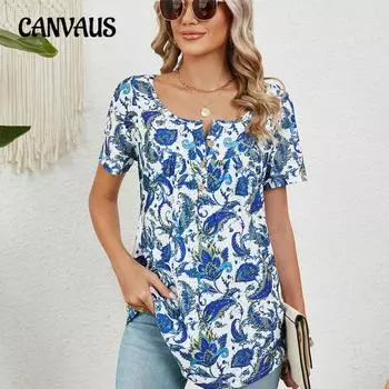 Летняя женская футболка на шнурке и пуговицах, свободный топ с короткими рукавами и принтом «парусник» S синий