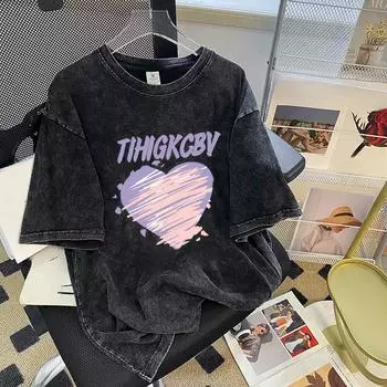 Летняя женская футболка Niche Fashion Versatile Tide с короткими рукавами и выстиранной фактурой M чёрный