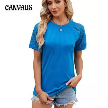 Летняя женская футболка, новая однотонная футболка с круглым вырезом и кружевом, с короткими рукавами, топы S белый