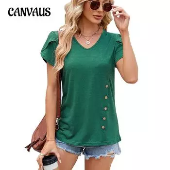 Летняя женская футболка, новая однотонная футболка с v-образным вырезом и пуговицами, рукавом-лепестком и коротким рукавом, топ S белый