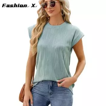 Летняя женская футболка, новые однотонные свободные топы с короткими рукавами и круглым вырезом S