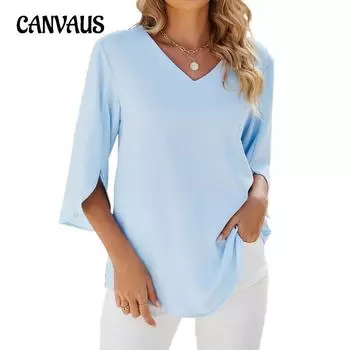 Летняя женская футболка, новый однотонный свободный топ с короткими рукавами и v-образным вырезом со средним рукавом S белый