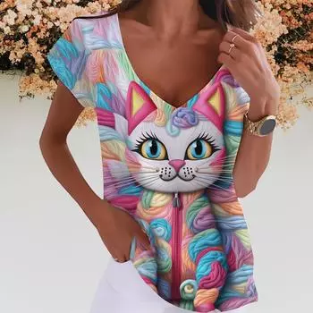 Летняя женская футболка, одежда, креативная женская футболка с 3D принтом Kawaii Cat, повседневная свободная футболка большого размера XL