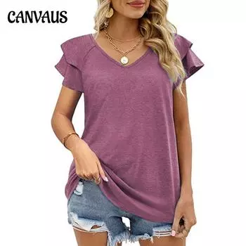 Летняя женская футболка, однотонная двухслойная свободная футболка с v-образным вырезом, топы с рюшами на рукавах S зелёный