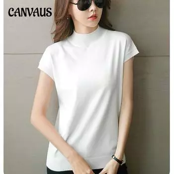 Летняя женская футболка, однотонная футболка без рукавов с высоким воротом, женский трикотаж S белый