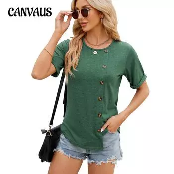 Летняя женская футболка, однотонная футболка с круглым вырезом и пуговицами, неровный подол, футболка с короткими рукавами S белый