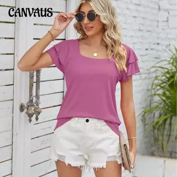 Летняя женская футболка, однотонная футболка с квадратным вырезом, свободный топ с короткими рукавами и двойными рукавами-лепестками S белый