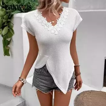 Летняя женская футболка, однотонная футболка с V-образным вырезом и кружевной отделкой S чёрный