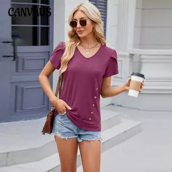 Летняя женская футболка, однотонная футболка с v-образным вырезом и рукавами-лепестками, украшенная пуговицами, футболка с короткими рукавами, топ S белый