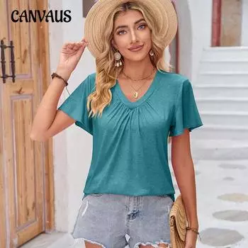 Летняя женская футболка, однотонная, плиссированная, с v-образным вырезом, свободная футболка, топы с рюшами на рукавах S мох зеленого