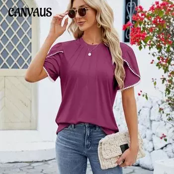 Летняя женская футболка, однотонная, с круглым вырезом, в полоску с жемчужными лепестками и рукавами, топ с короткими рукавами и оборками S розовый