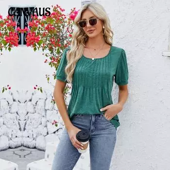 Летняя женская футболка однотонная с круглым вырезом и морщинистыми тонкими топами с короткими рукавами S чёрный