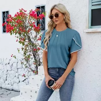 Летняя женская футболка, однотонная, с круглым вырезом, в полоску с жемчужными лепестками и рукавами, топ с короткими рукавами и оборками S розовый