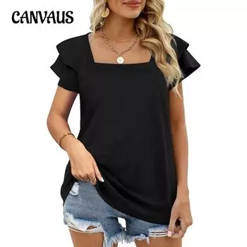 Летняя женская футболка, однотонная, с квадратным вырезом, двухслойная, с рюшами и рукавами, свободный топ с короткими рукавами S чёрный