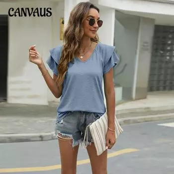 Летняя женская футболка, однотонная, с v-образным вырезом, двухслойная свободная футболка с рукавами с рюшами S чёрный