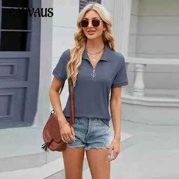 Летняя женская футболка, однотонная свободная футболка с воротником-поло на молнии, повседневные топы S