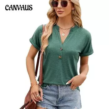 Летняя женская футболка, однотонная свободная футболка с v-образным вырезом на пуговицах и короткими рукавами, топ S белый