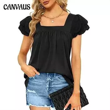 Летняя женская футболка, однотонная, свободная, с квадратным воротником, двухслойная кружевная футболка с короткими рукавами, топы