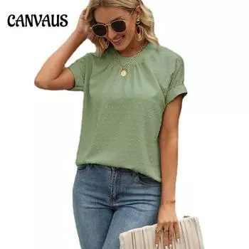 Летняя женская футболка, однотонная жаккардовая шифоновая рубашка, свободный пуловер, топы с короткими рукавами