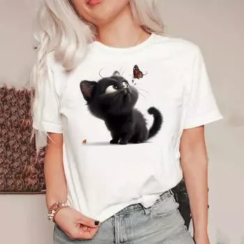 Летняя женская футболка, повседневная футболка с коротким рукавом, милый кот, дизайн, футболки с 3d принтом, модная уличная женская одежда больших размеров S