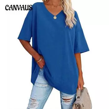 Летняя женская футболка, повседневная однотонная футболка с v-образным вырезом, большой размер, свободный топ с короткими рукавами S чёрный