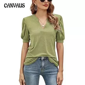 Летняя женская футболка, повседневная однотонная свободная футболка с v-образным вырезом и рукавами-пузырьками, топы S мох зеленого
