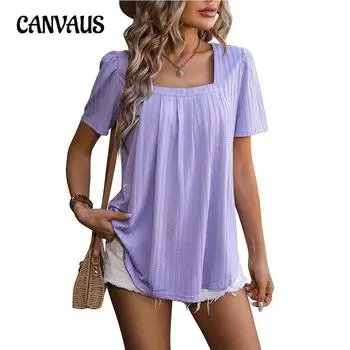 Летняя женская футболка, повседневная плиссированная футболка с коротким рукавом с квадратным вырезом и короткими рукавами