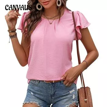 Летняя женская футболка, повседневная плиссированная рубашка с круглым вырезом, топ с короткими рукавами и рюшами S синий