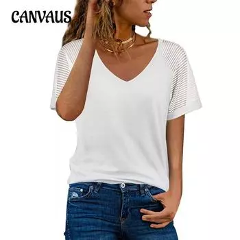 Летняя женская футболка, повседневная свободная однотонная тонкая футболка с v-образным вырезом и короткими рукавами