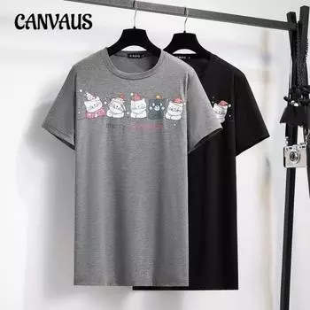 Летняя женская футболка размера плюс с котенком, свободные топы средней длины с короткими рукавами и круглым вырезом XL чёрный